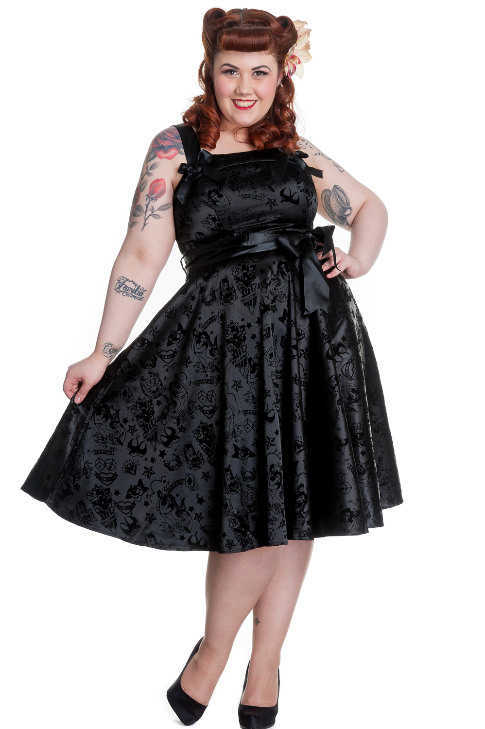 Rkp8 Hell Bunny Tattoo Flock Satin 50s Rockabilly Dress Pin Up Swing Prom Dance Ebay